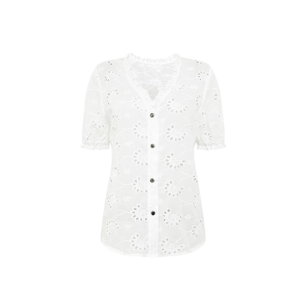 Dame luftig bluse top med elegant hulbroderi Stilla