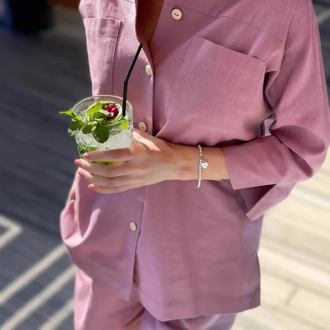 Damer Casual Linnedragt med Kortærmet Skjorte og Shorts Stilla