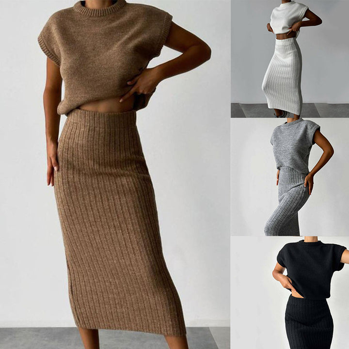 Dame strik top og maxiskørt sæt med elegant ribdesign Stilla