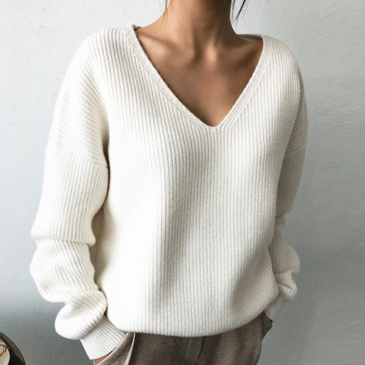 Damer hyggelig V hals pullover med ribbet tekstur Stilla