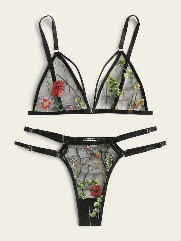 Dame blomsterbroderet gennemsigtigt lingeri-sæt Stilla