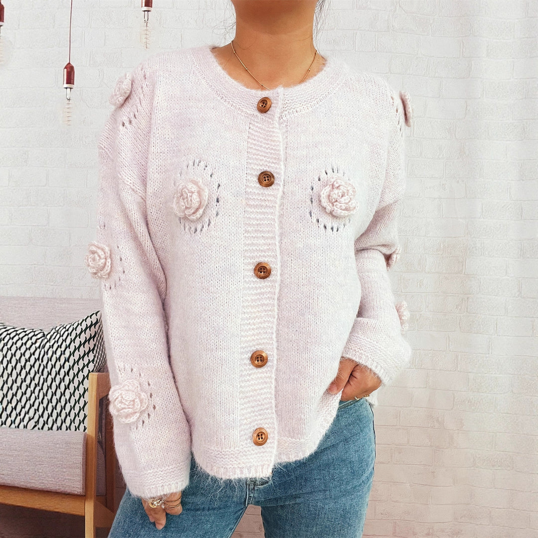 Kvinders hyggelige cardigan med blomsterapplikationer og knaplukning Stilla