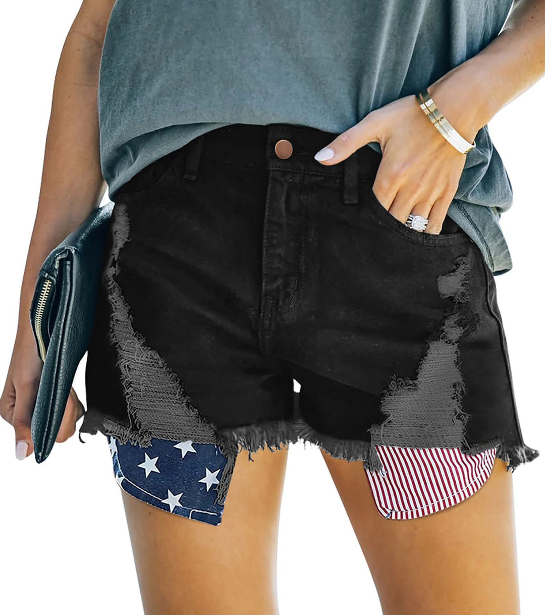 Dame Destroyed Denim-shorts med kreative patch-detaljer Skovae