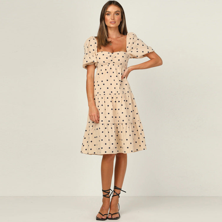 Dame Polka Dot Flydende Midi Kjole med Puffærmer og Flæsekant Stilla
