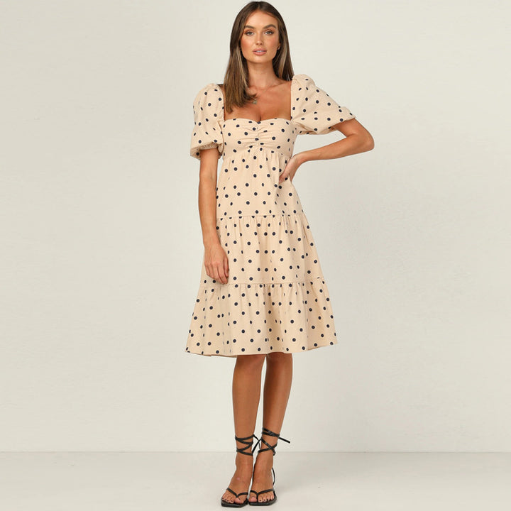 Dame Polka Dot Flydende Midi Kjole med Puffærmer og Flæsekant Stilla