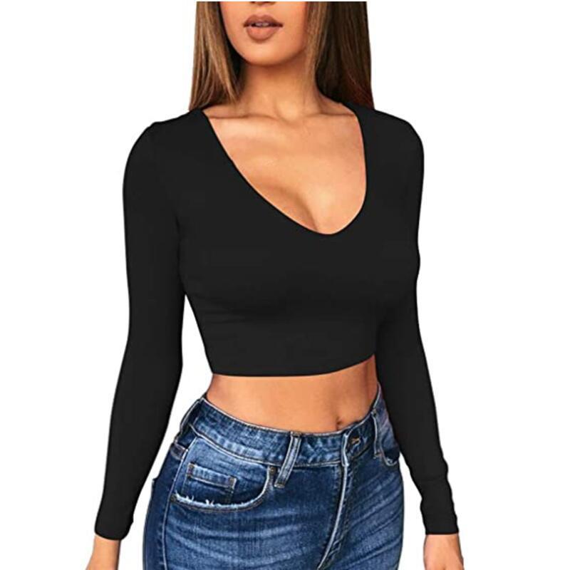 Dame Cropped Langærmet T-shirt med V-hals Stilla