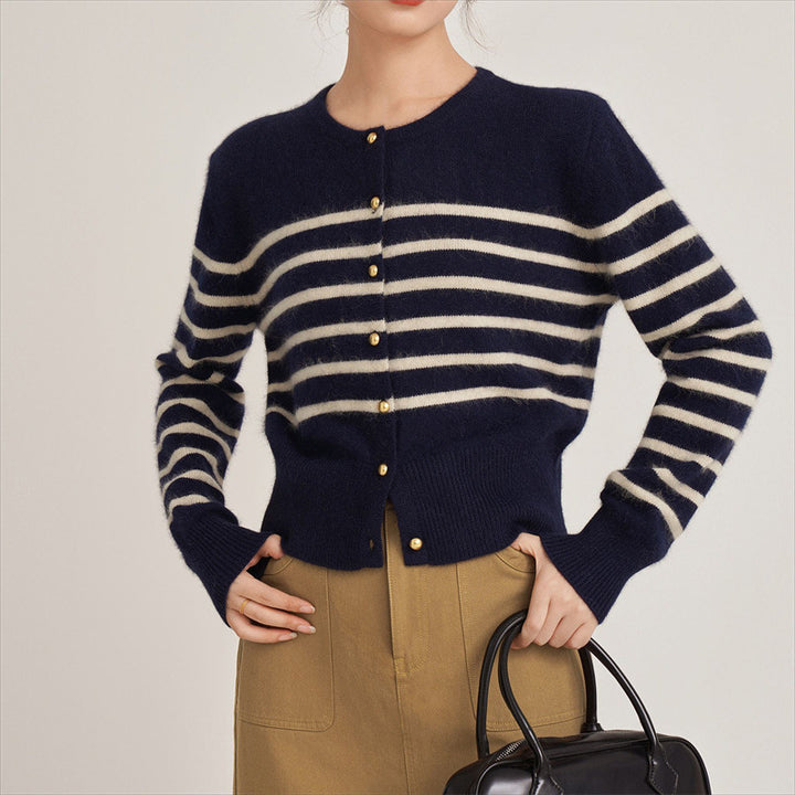 Kvinders fashionable cardigan med stribet mønster og dekorative knapper Stilla