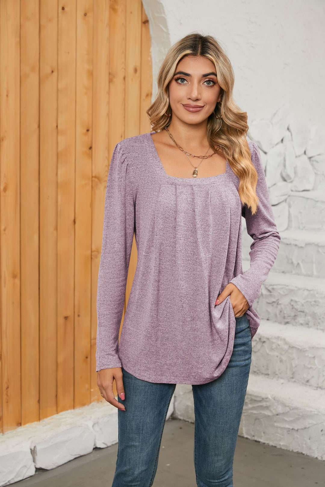 Dame mode longsleeve T-shirt med V-hals og lommer Stilla