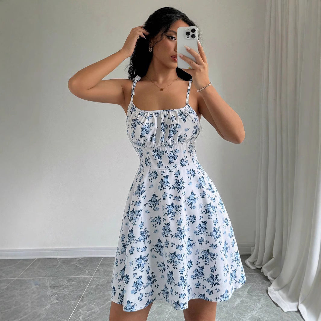 Damer sommer mini kjole med blomster mønstre og brede stropper Stilla