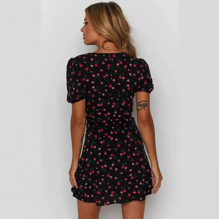 Dame Blomster Wrap Mini Kjole med Puffærmer Stilla