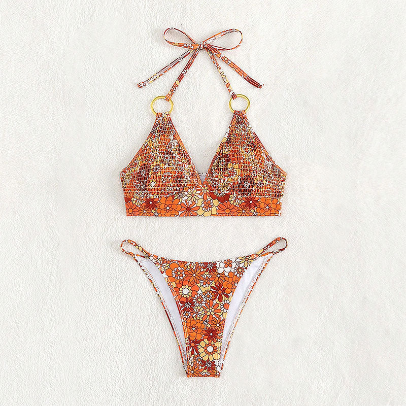 Dame Triangel-Bikini med ringe og blomsterdesign Skovae
