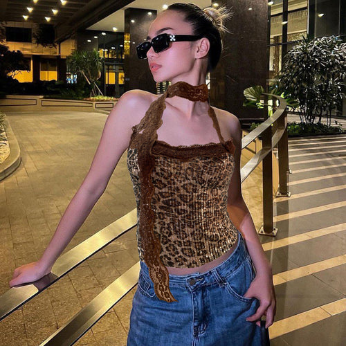Dame Glitrende Leopard-Bustier-Top med Rüschendetaljer og justerbar bøjle Stilla
