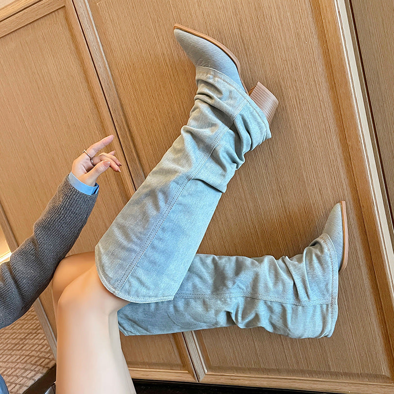 Femme Struktureret Casual Denim Over-knæ Støvler Stilla