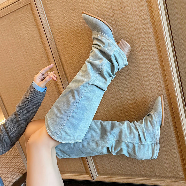 Femme Struktureret Casual Denim Over-knæ Støvler Stilla