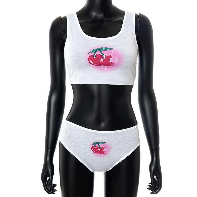 Dame Crop-Top og trusser-sæt med glad kirsebærmotiv Skovae