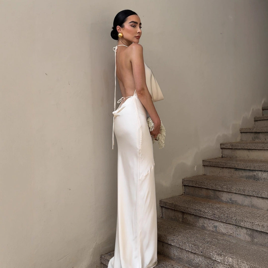 Dame elegant chiffon maxikjole med dyb rygudskæring og raffineret indpakningsdesign Skovae
