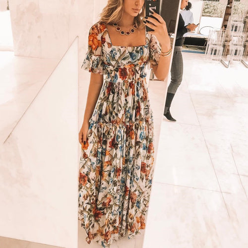 Dame Maxi Kjole med blomstertrykt og Smock Stilla
