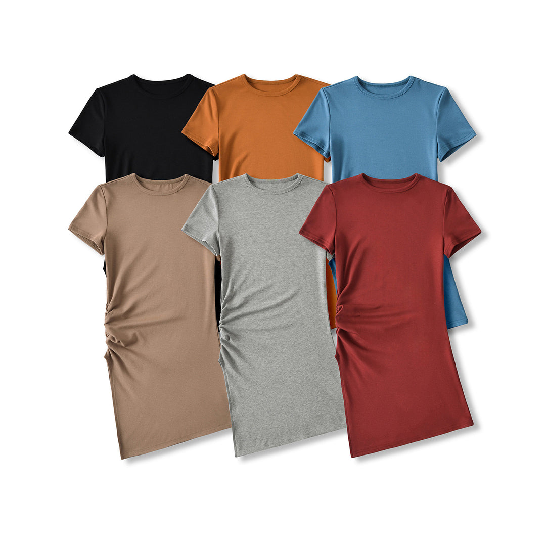 Dame figurtilpasset T-shirt kjole med asymmetrisk søm og moderne flæse detaljer Stilla