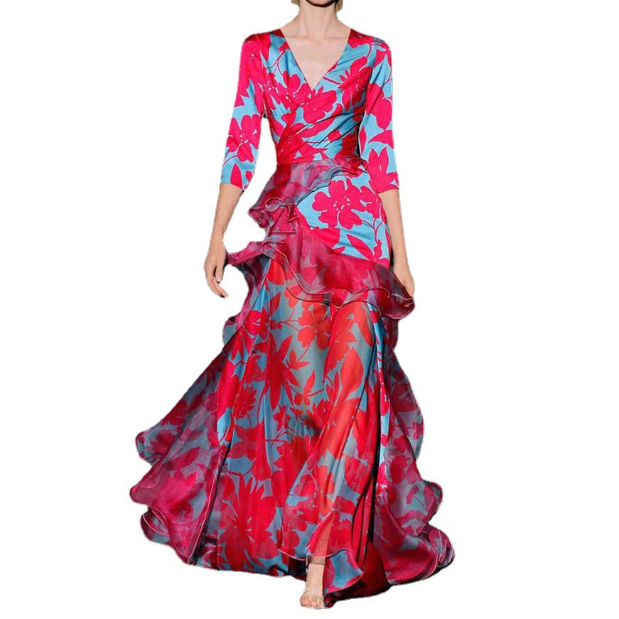 Dame Transparent Maxi-Kjole med blomsterdesign og voluminøse flæser Stilla