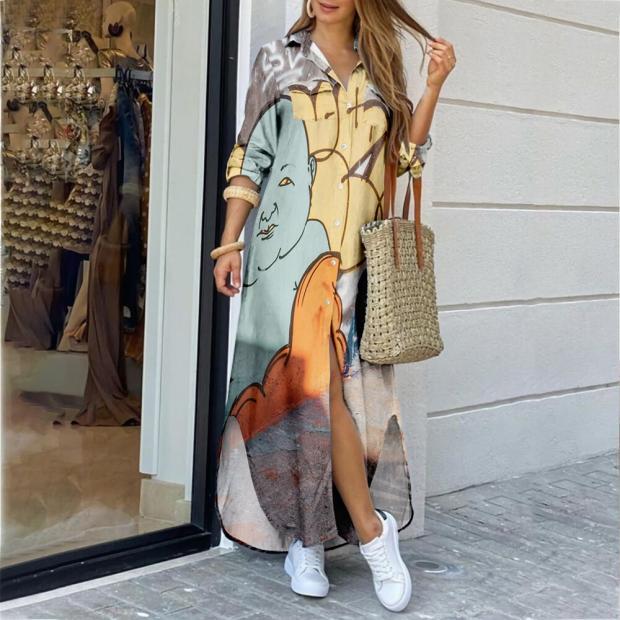 Stilla | Ansigt Print Side Split Farve Blok Knap Op Maxi Kjole