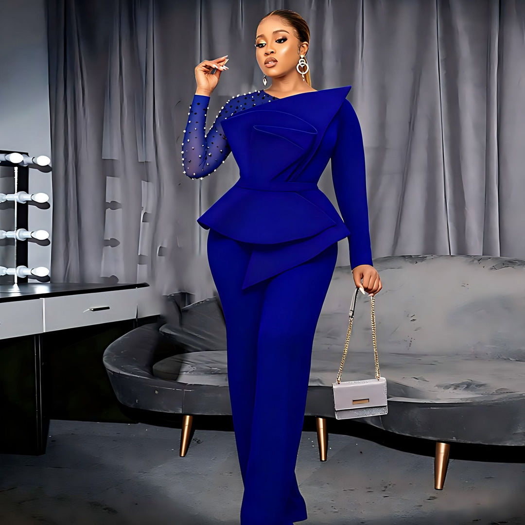 Dame elegant jumpsuit med asymmetrisk overdel og raffineret ruffles design Skovae