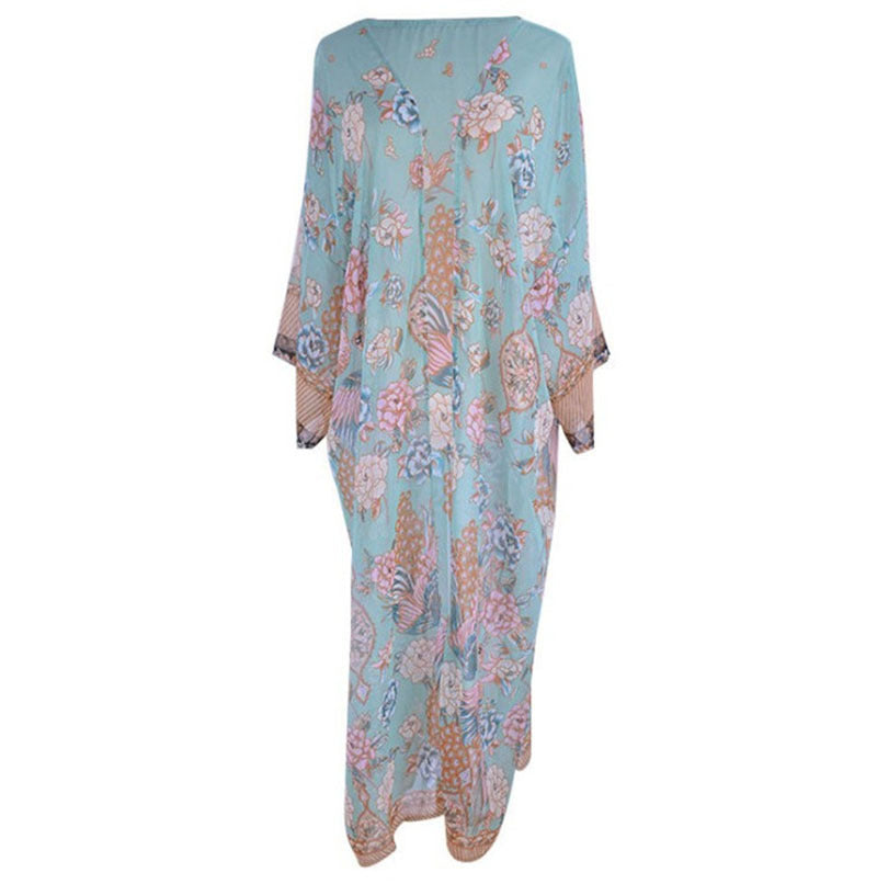 Dame luftig kaftan med blomsterdesign og brede ærmer Stilla