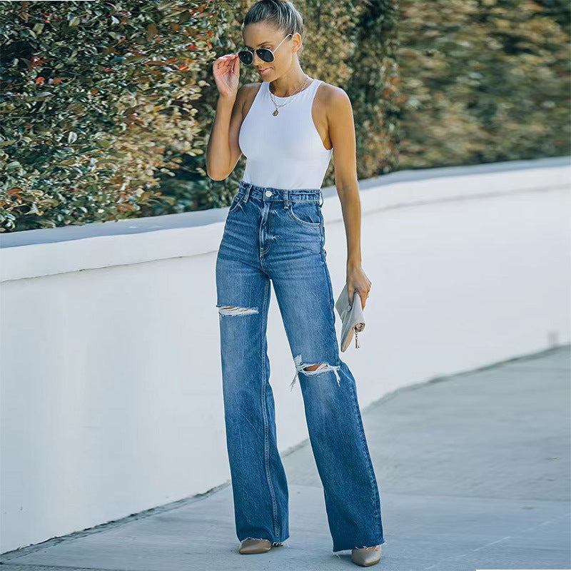 Dame Bred High-Waist Jeans med moderne Distressed-detaljer og sidelukning Stilla
