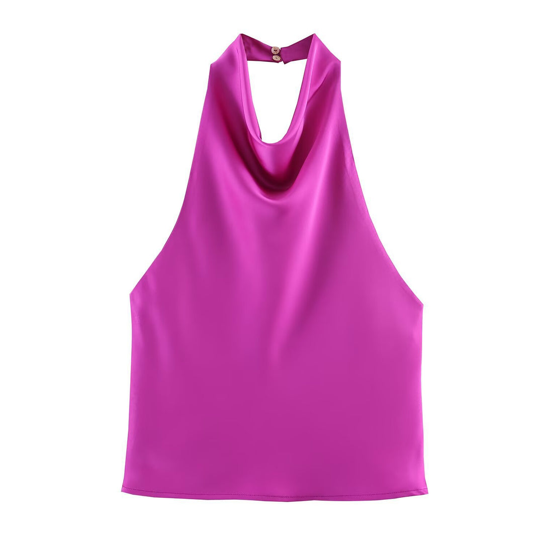 Dame elegant halterneck top med flydende snit og dekorative detaljer Skovae