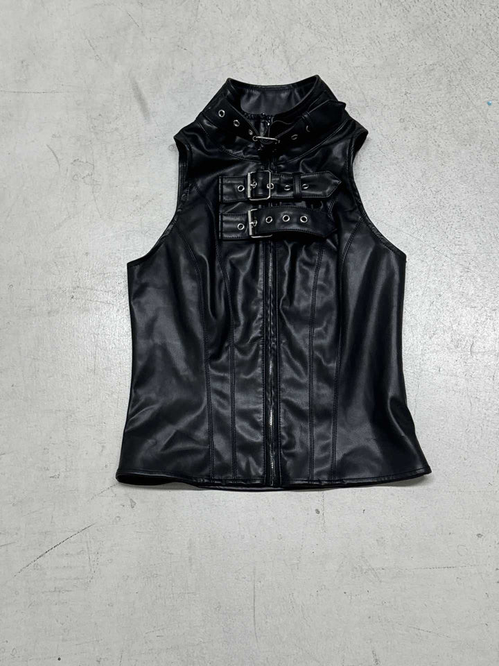 Dame Kunstlæder-Crop-Top med dekorative spænder og højhalset krave Skovae