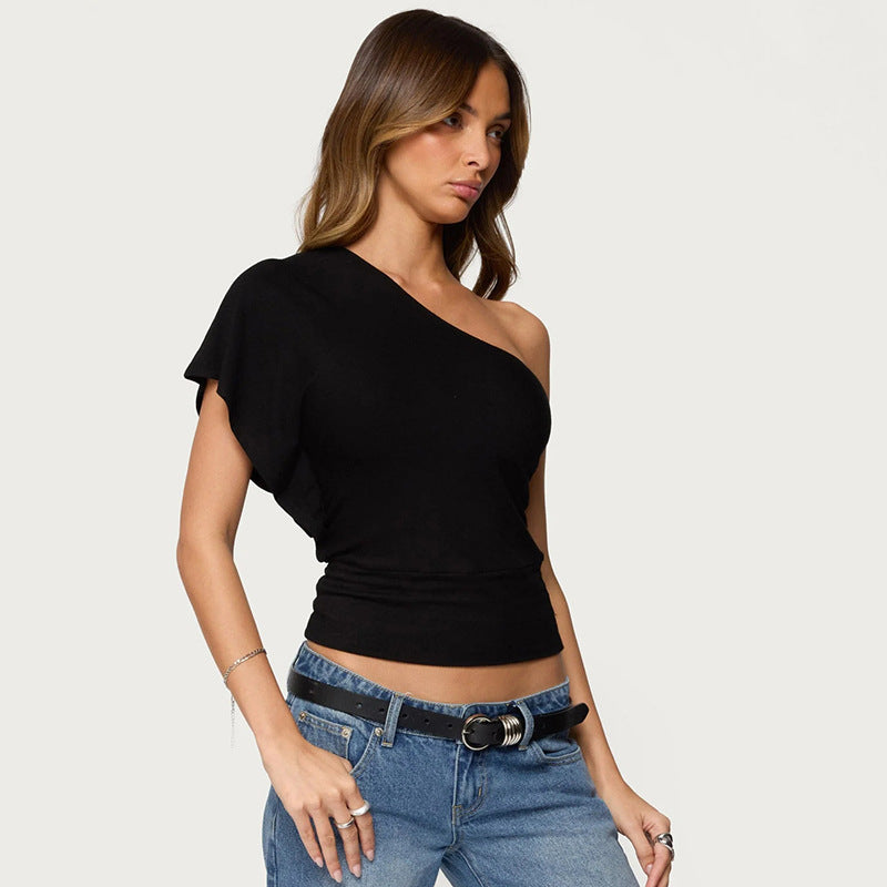Dame asymmetrisk top med stribet design og flydende stof Skovae