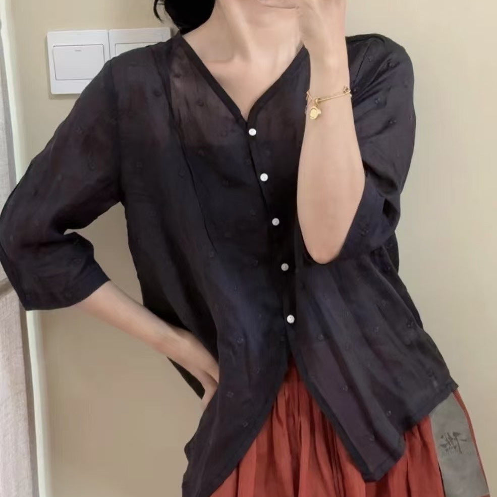 Femme Trekvart-ærme Button-Up Linned Top Stilla