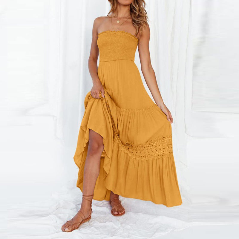 Dame strapless maxikjole med elegant blondedekor Stilla