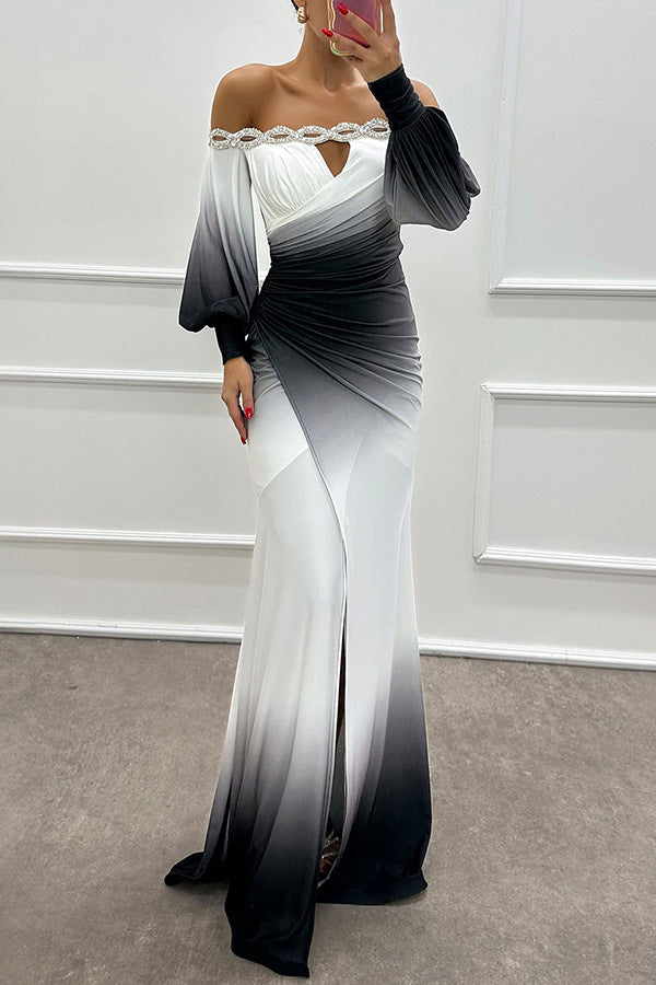Dame Off-Shoulder Aftenkjole med draperet talje og glitrende applikationer Stiila