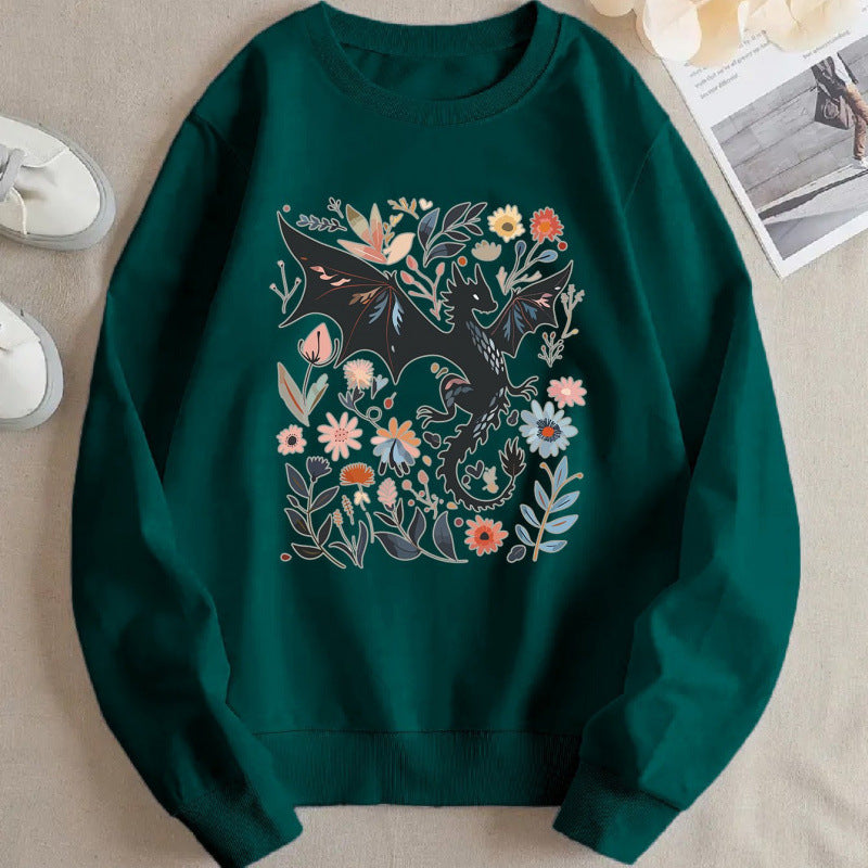 Kvinders sweatshirts med detaljeret drage- og blomstermotiv Stilla