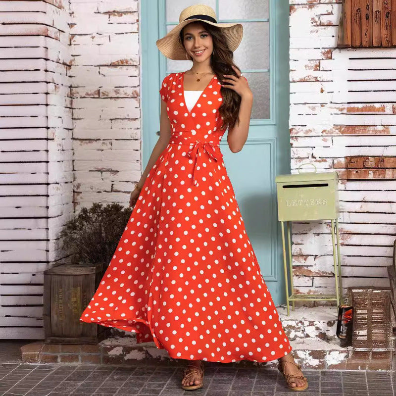 Dame Polka Dot Wrap Maxikjole med Bind Stilla