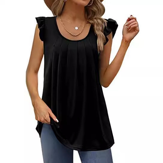 Dame luftigt bluse shirt med elegant flæse design Skovae