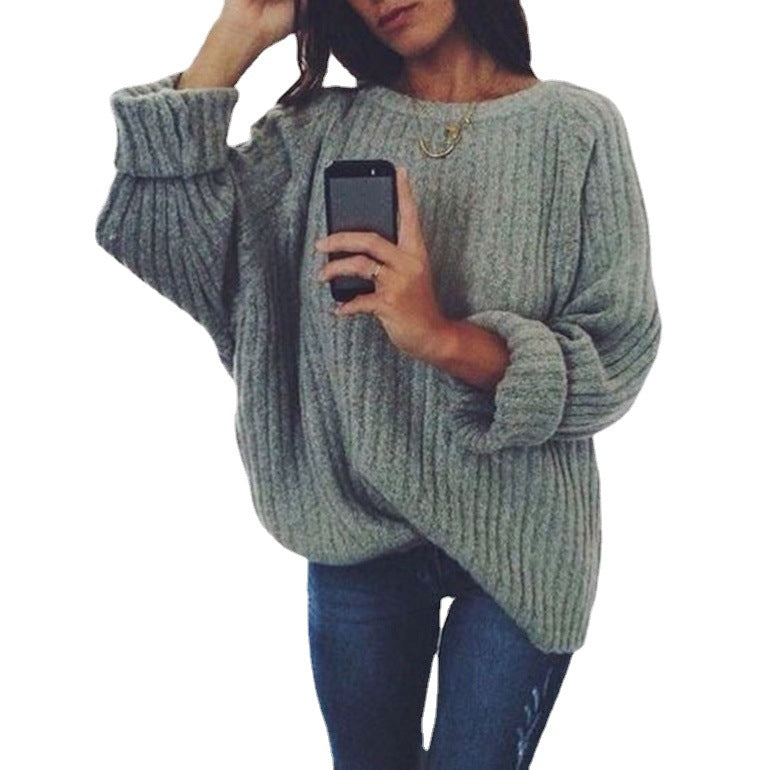 Dame Oversized Strikket Sweater med Ribbet Design og Bred Ærmer Stilla