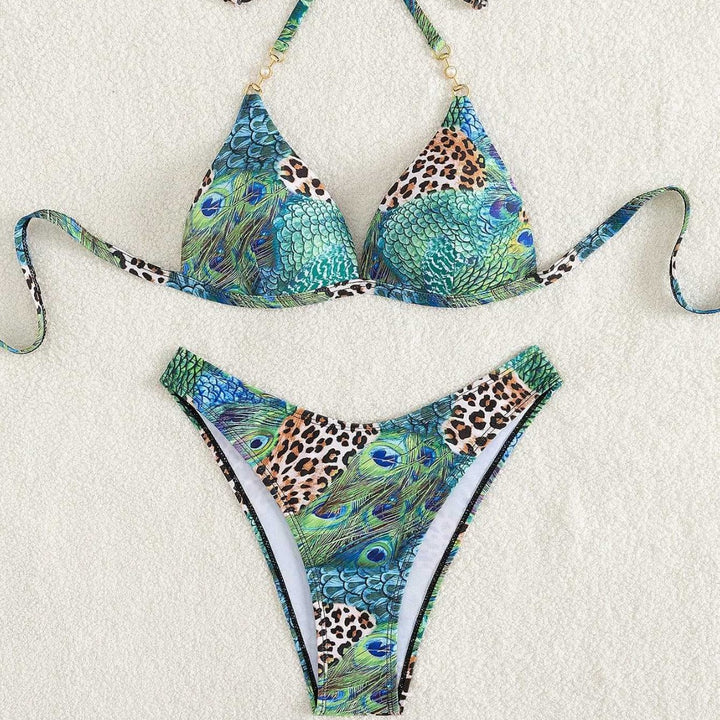Dame Triangel-Bikini med livligt dyre- og påfuglemotiv Skovae