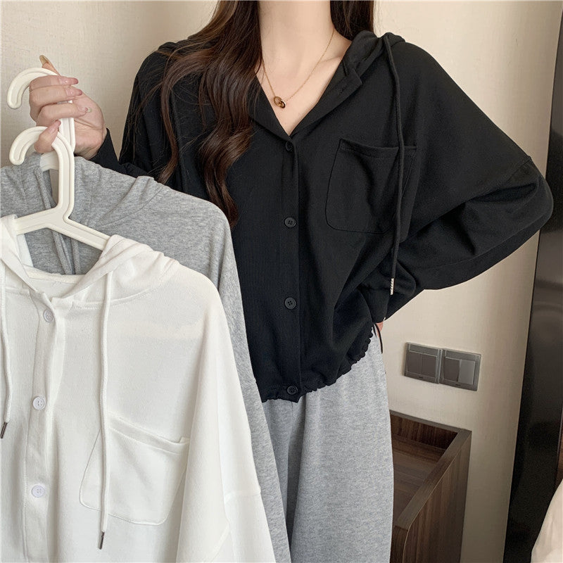 Femme Fritid Knap-Op Hoodie med justerbar Snor Stilla