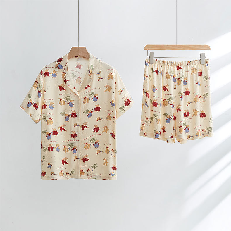 Damer Pyjamasæt med kreativt cartoonmotiv og elastiske shorts Stilla