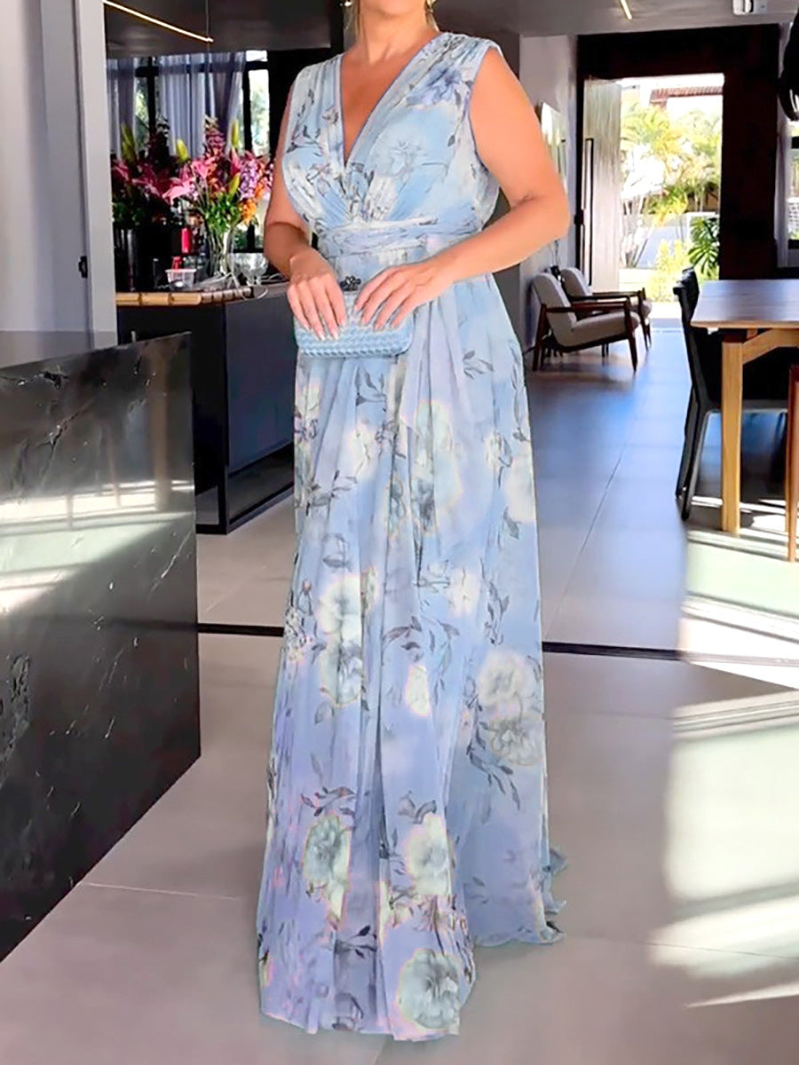 Dame Maxikjole i let chiffon med blomster mønstre og stilfuld V-udskæring Stilla