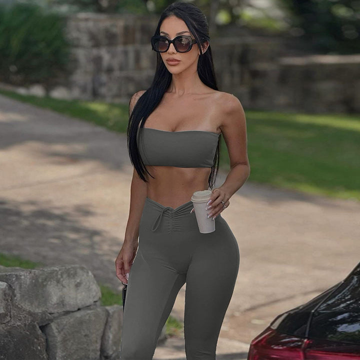 Dame Crop-Top og Leggings Sæt med raffineret rynkning og elastisk bånd Stilla