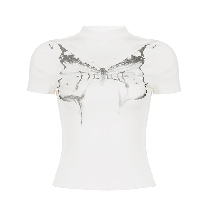Dame T-shirt med kreativ sommerfugletryk og moderne snit Skovae
