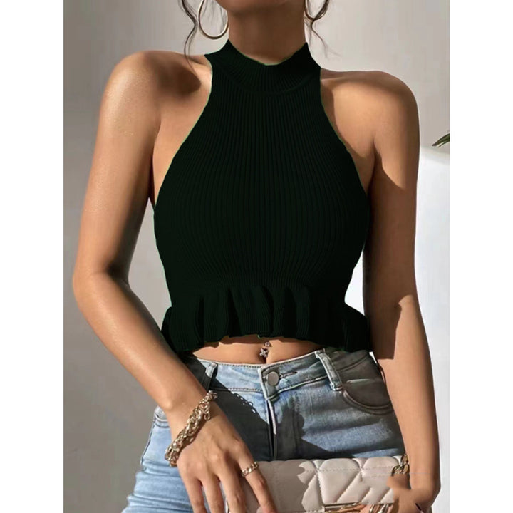Dame Ribstrik Højkrave Peplum Crop Top Stilla