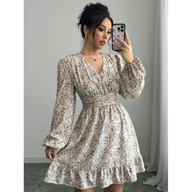 Damer Floral Print Swing Kjole med V-Udskæring og Pufærmer Stilla