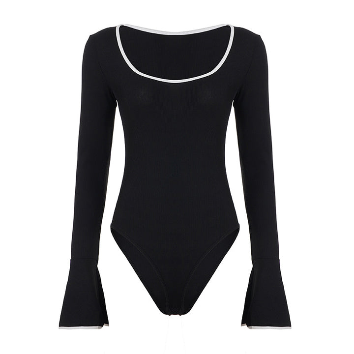 Dame bodystocking med lange ærmer og elegant flæsekant Skovae