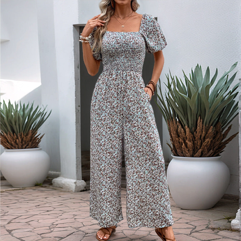 Dame farverig blomster sommer overall med puffærmer Stilla