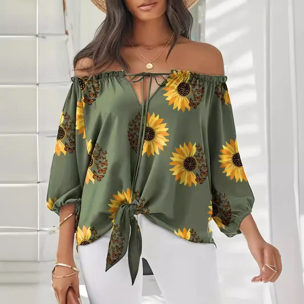 Dame Off-Shoulder Bluse med solsikkemønster og bindebånd Stilla