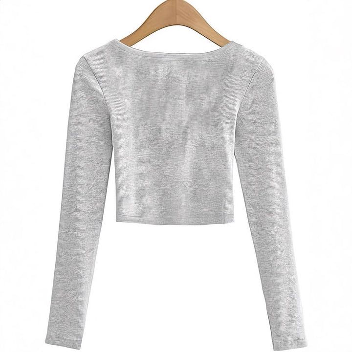 Dame Langærmet Cropped Top med Rundhalsetud og struktureret overflade Stilla