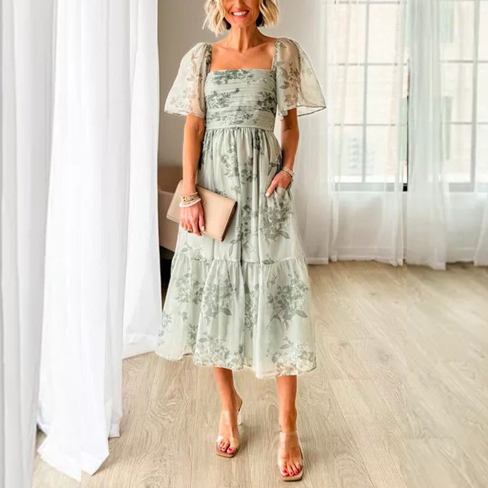 Dame Elegant Maxikjole med voluminøse puffærmer og blomstertrykt Stilla